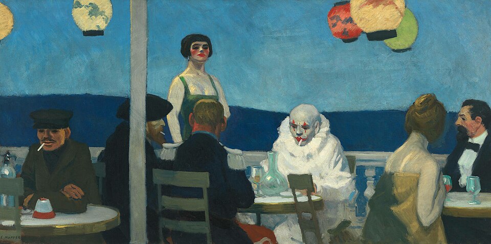 Edward Hopper, Soir Bleu: people at café tables beneath colourful lanterns, with a clown dressed in white near the centre.